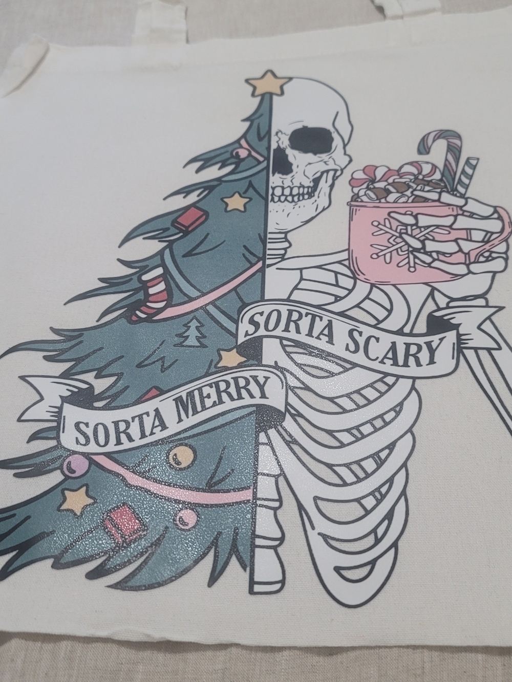 Sorta Merry Sorta Scary Holiday Tote Bag - Pink & Teal Print New Cream Handles